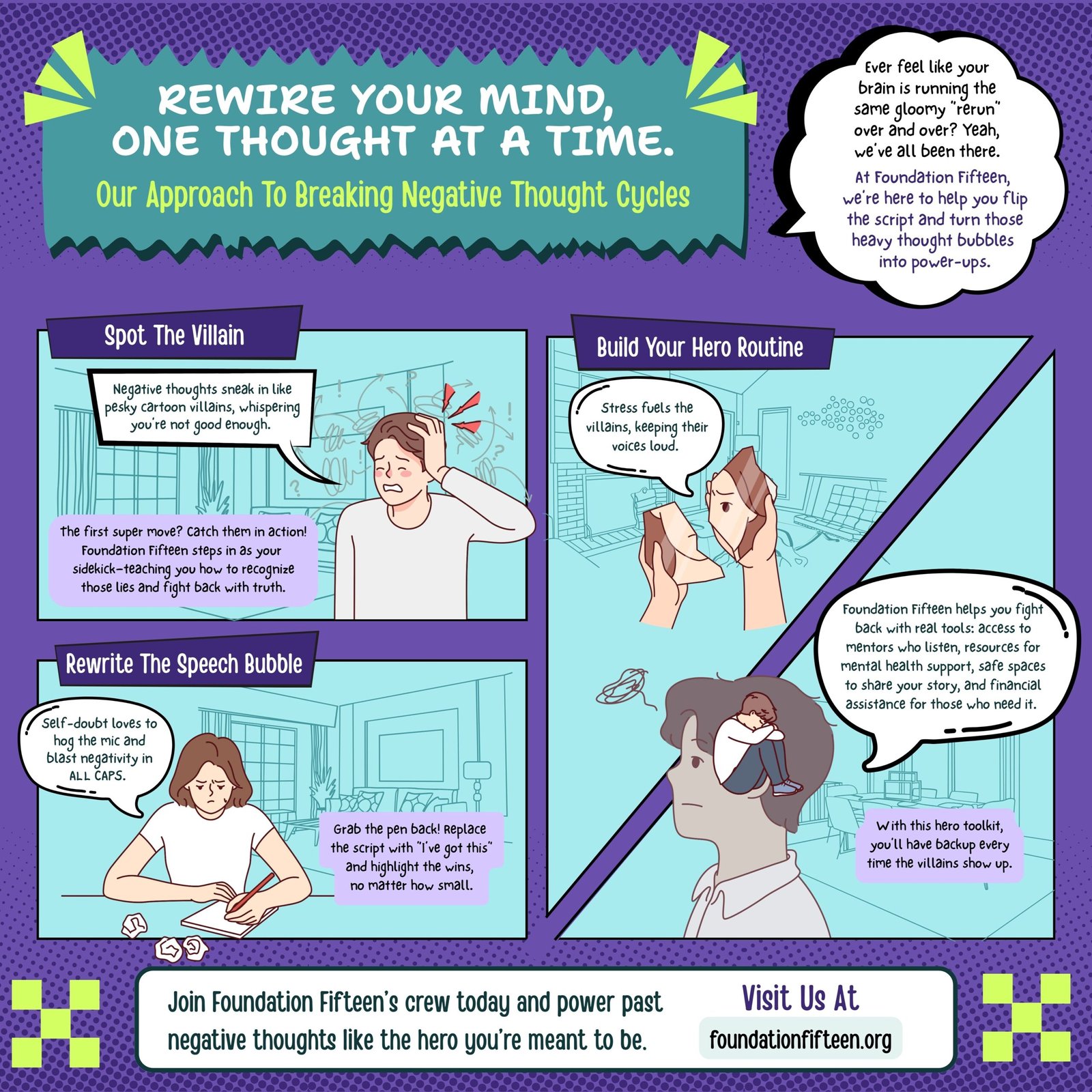 An illustrated infographic from Foundation Fifteen titled "Rewire Your Mind, One Thought at a Time" that guides readers through spotting negative thoughts, building positive habits, and rewriting harmful self-talk into empowering beliefs.